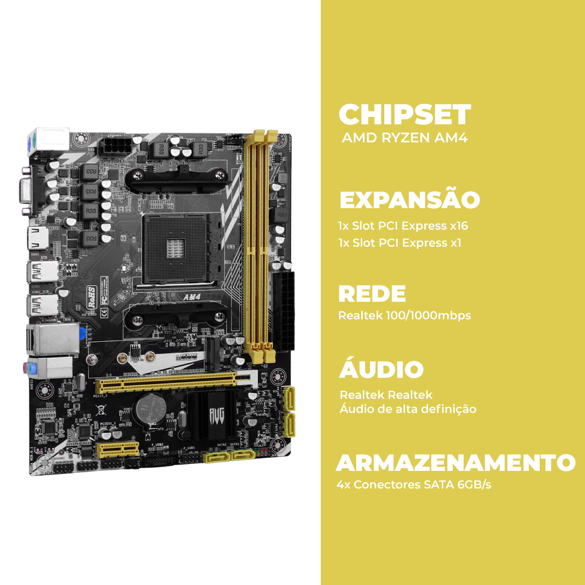 Placa Mãe AMD A320 AM4 Revenger Micro-ATX DDR4 32GB NVMe SATA 6Gb/s - KP-A320