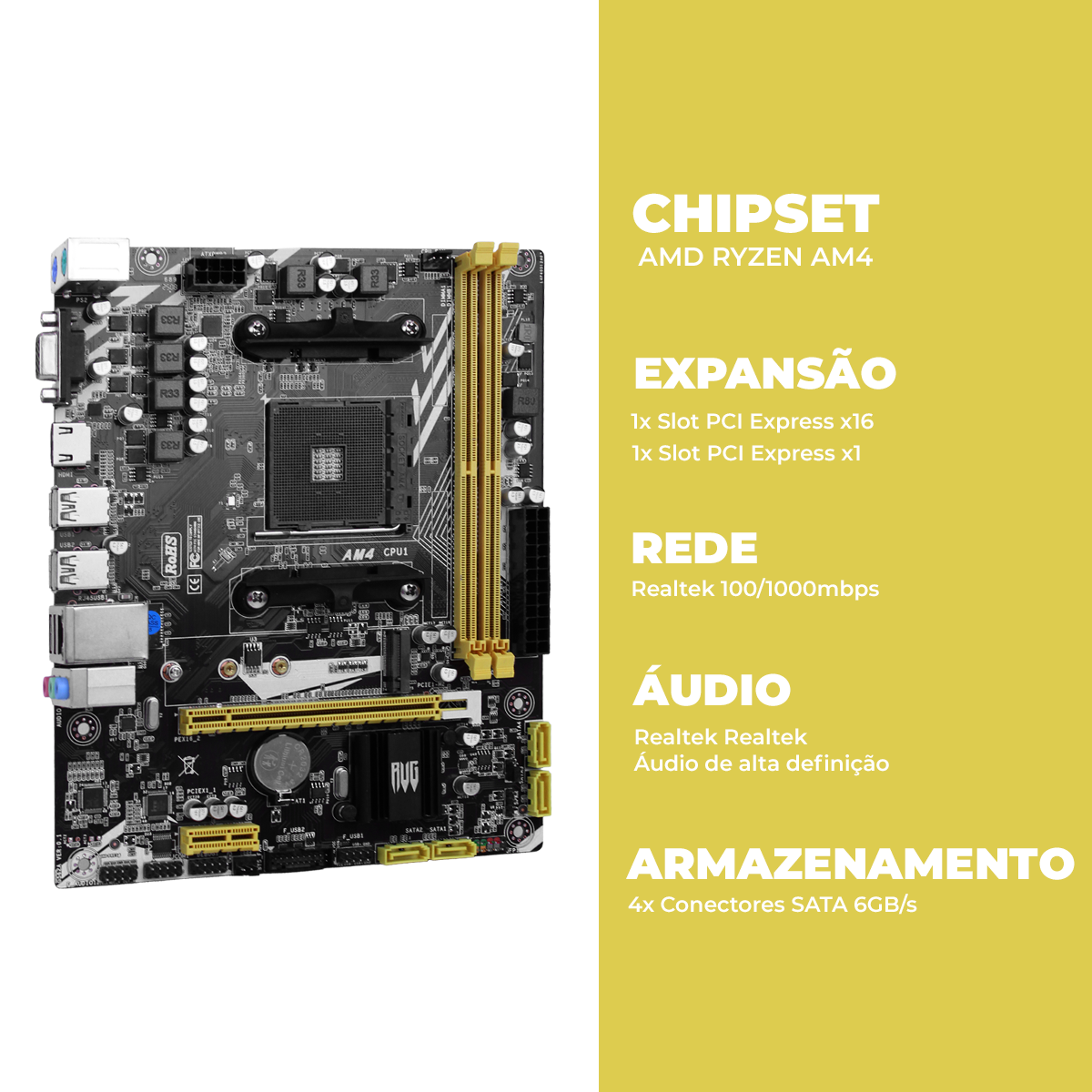 Placa Mãe AMD A520 AM4 Ryzen DDR4 Revenger HDMI M.2 USB 3.0 Micro-ATX - KP-A520