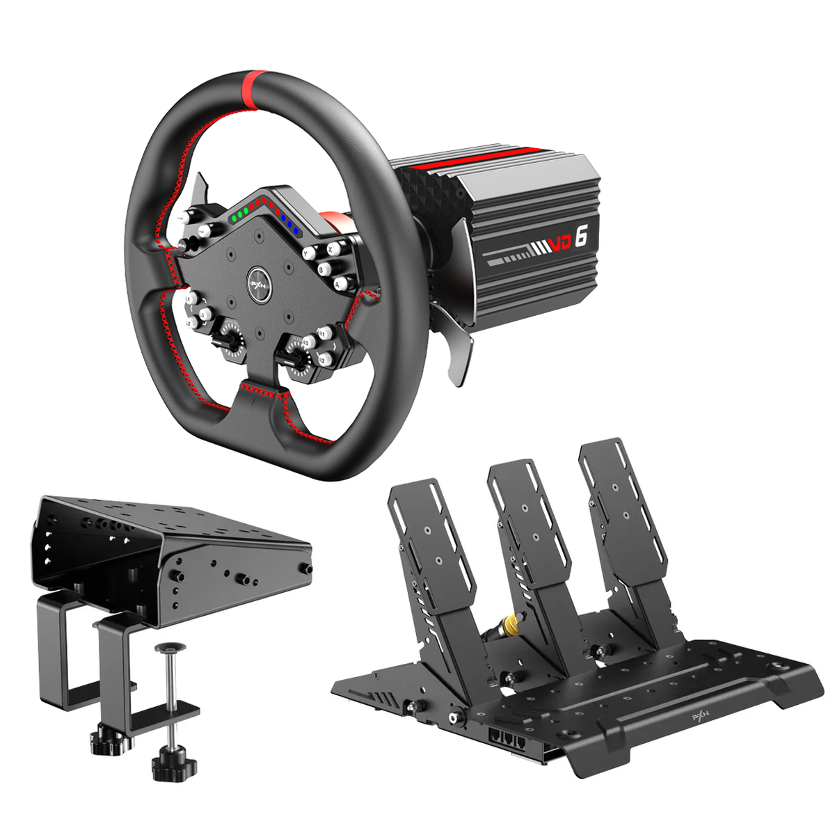 Kit Simulador de Corrida Gamer PXN VD6 Base Torque 6Nm + Volante W DS 300mm + Pedais Acelerador, Freio e Embreagem