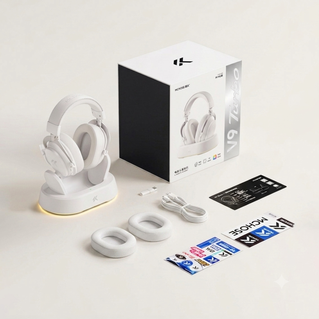 Headset Gamer MCHOSE V9 Turbo Branco Silver 200h Bateria Base Magnética RGB Wireless