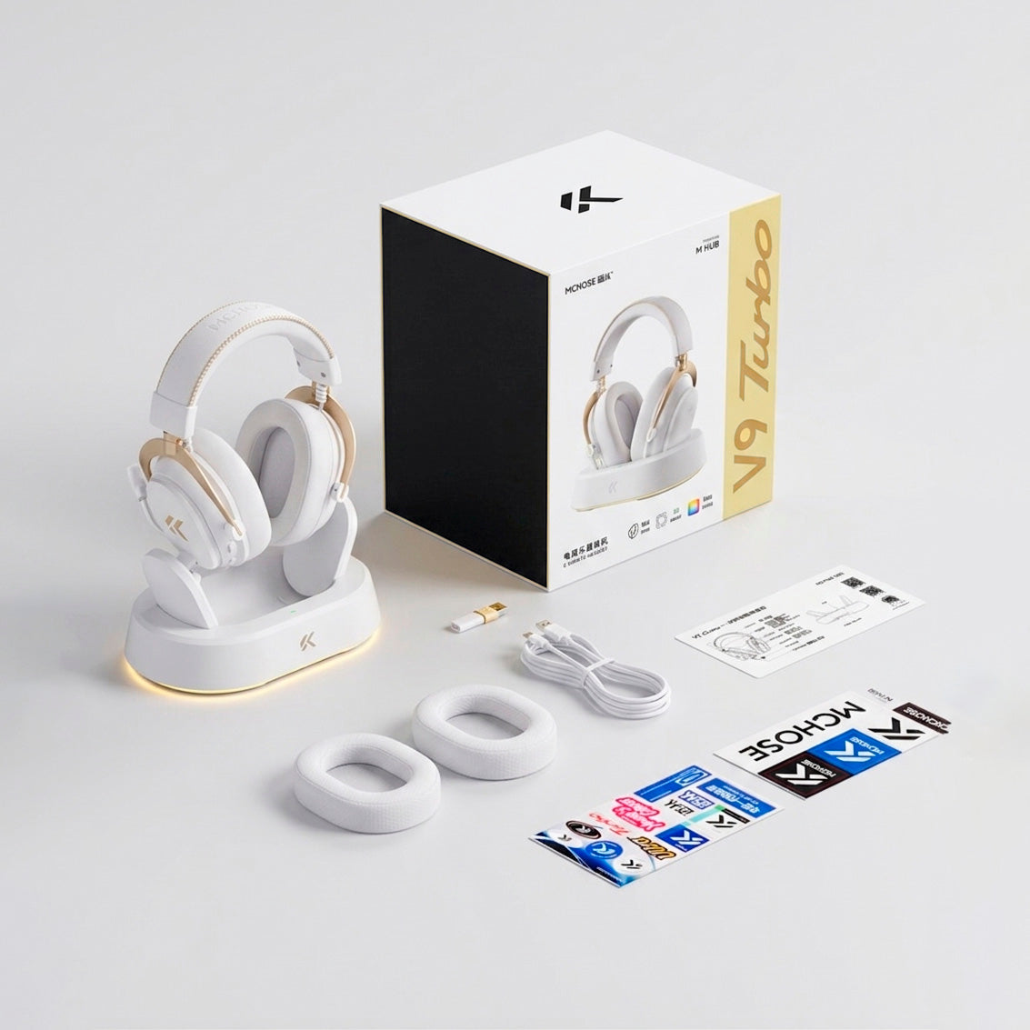 Headset Gamer MCHOSE V9 Turbo Branco Gold 200h Bateria Base Magnética RGB Wireless