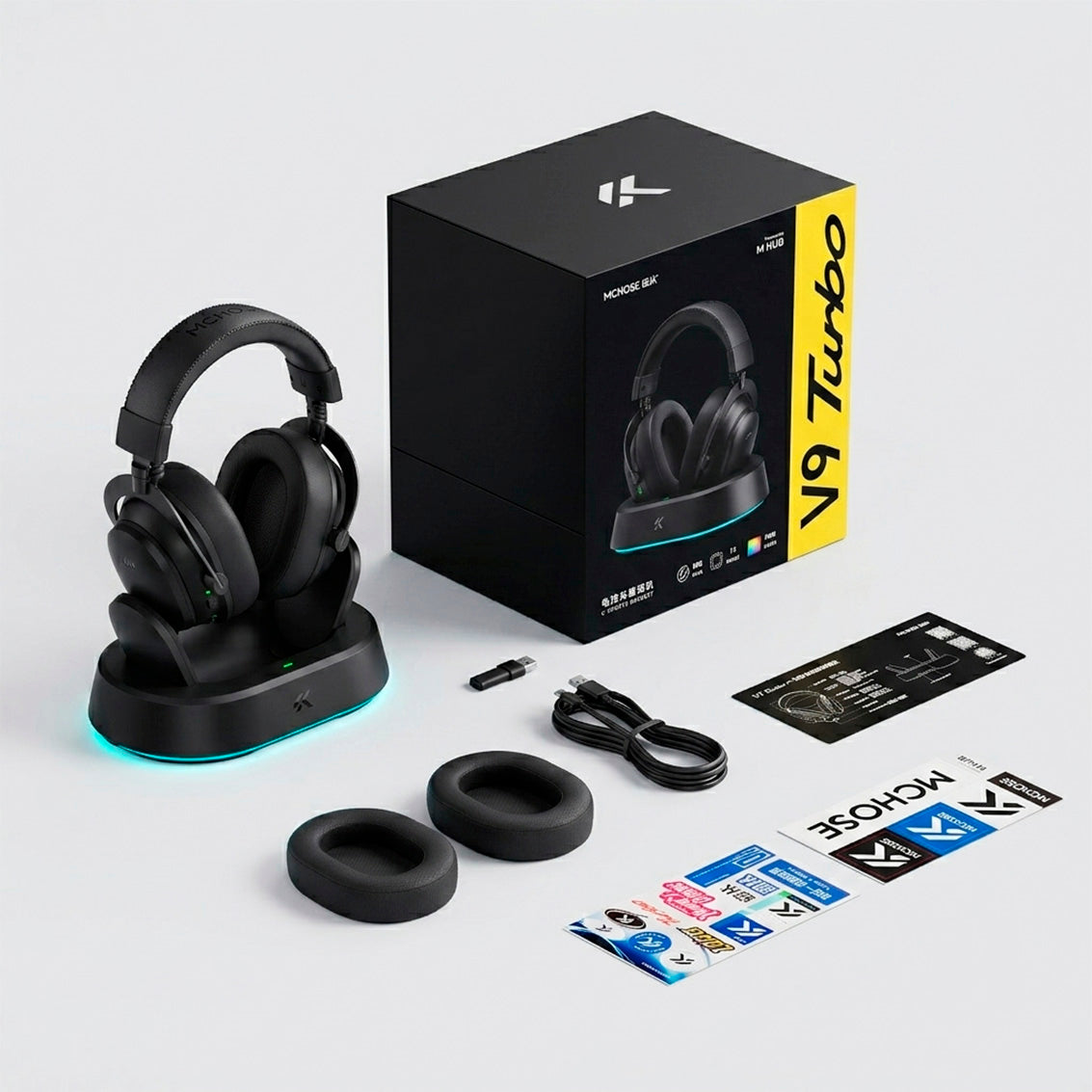 Headset Gamer MCHOSE V9 Turbo Preto 200h Bateria Base Magnética RGB Wireless