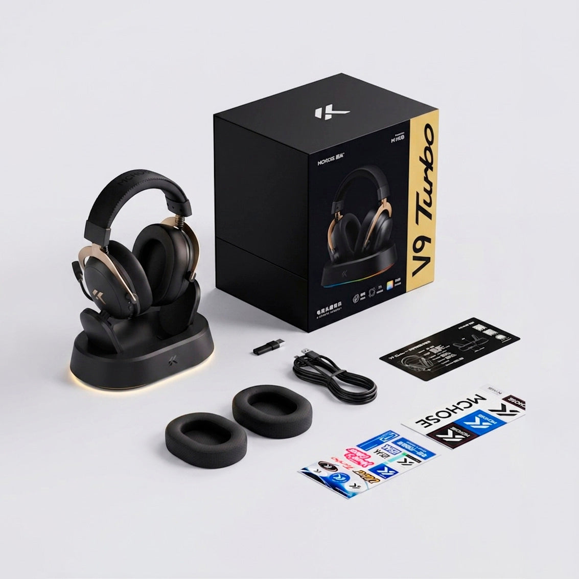 Headset Gamer MCHOSE V9 Turbo Preto Gold 200h Bateria Base Magnética RGB Wireless