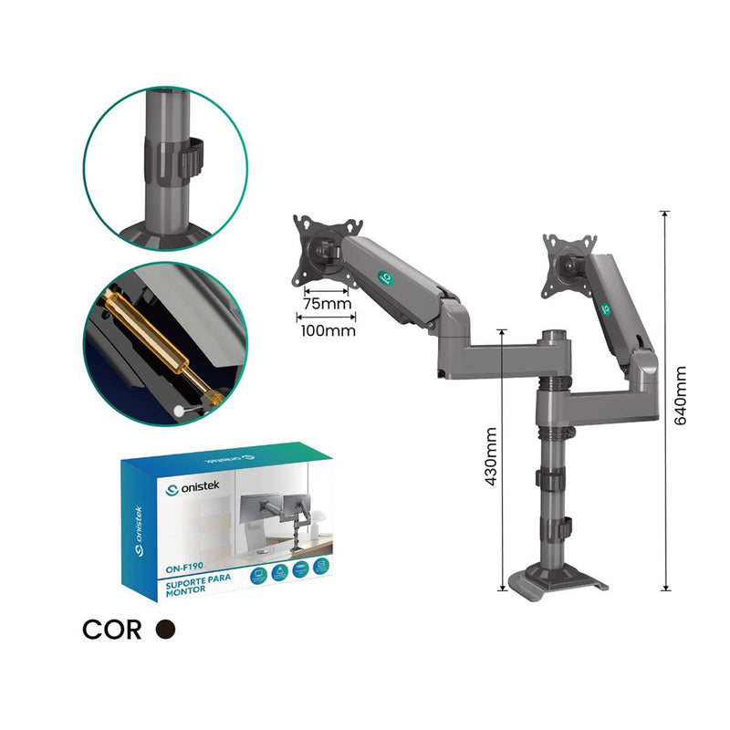 Suporte Duplo Articulado Para Monitores 17" a 27" Onistek Pistão a Gás e Ajuste Ergonômico - ON-F190