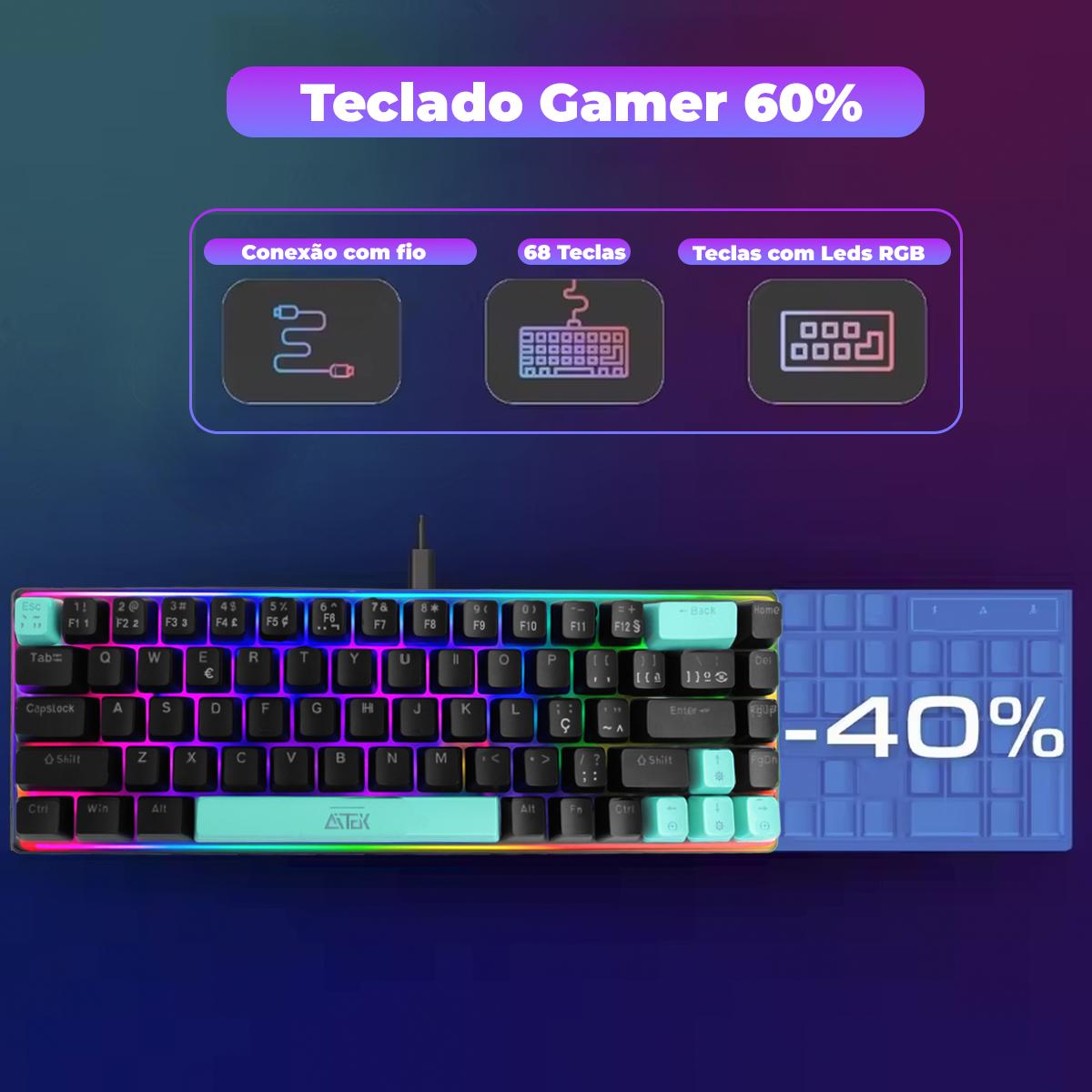 Teclado Mecânico Gamer Aitek 68 Teclas LED Com fio USB Silencioso Compacto - ATE-M0691