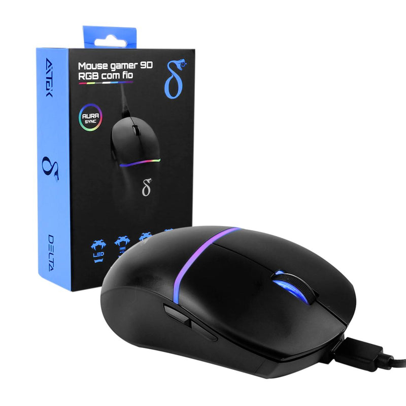 Mouse Gamer 9D Led RGB Aura Sync 12800 dpi 9 Botões com Fio