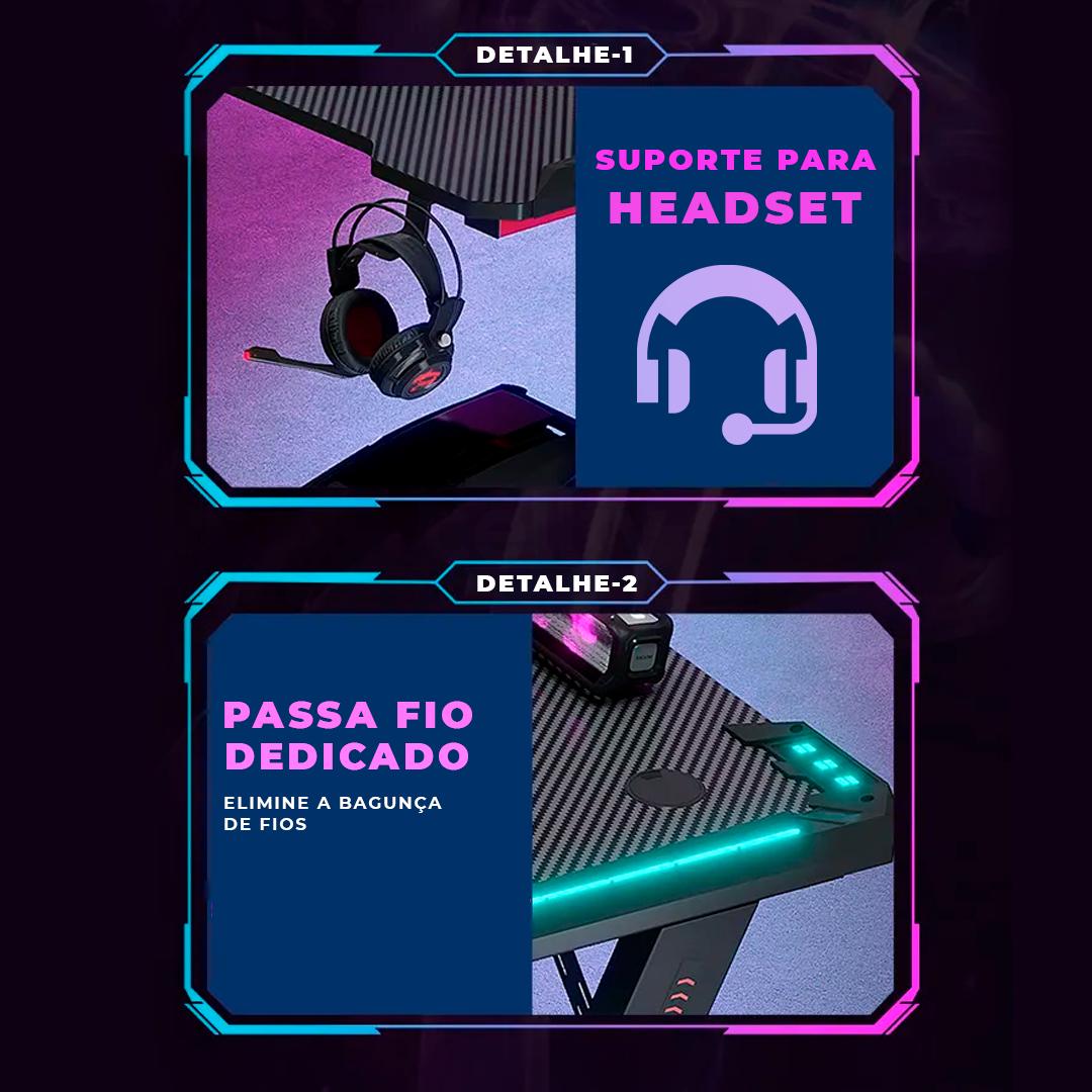 Mesa Gamer RGB 120cm Aitek com Porta Copos e Suporte Headset Escrivaninha - DELTA-M1202K