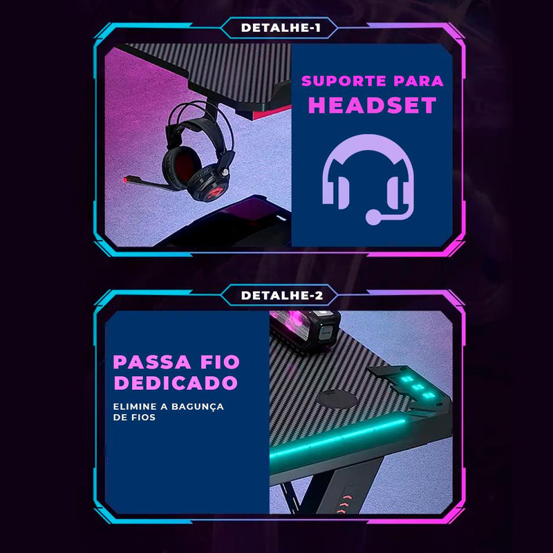 Mesa Gamer RGB 120cm Aitek com Porta Copos e Suporte Headset Escrivaninha - DELTA-M1202K
