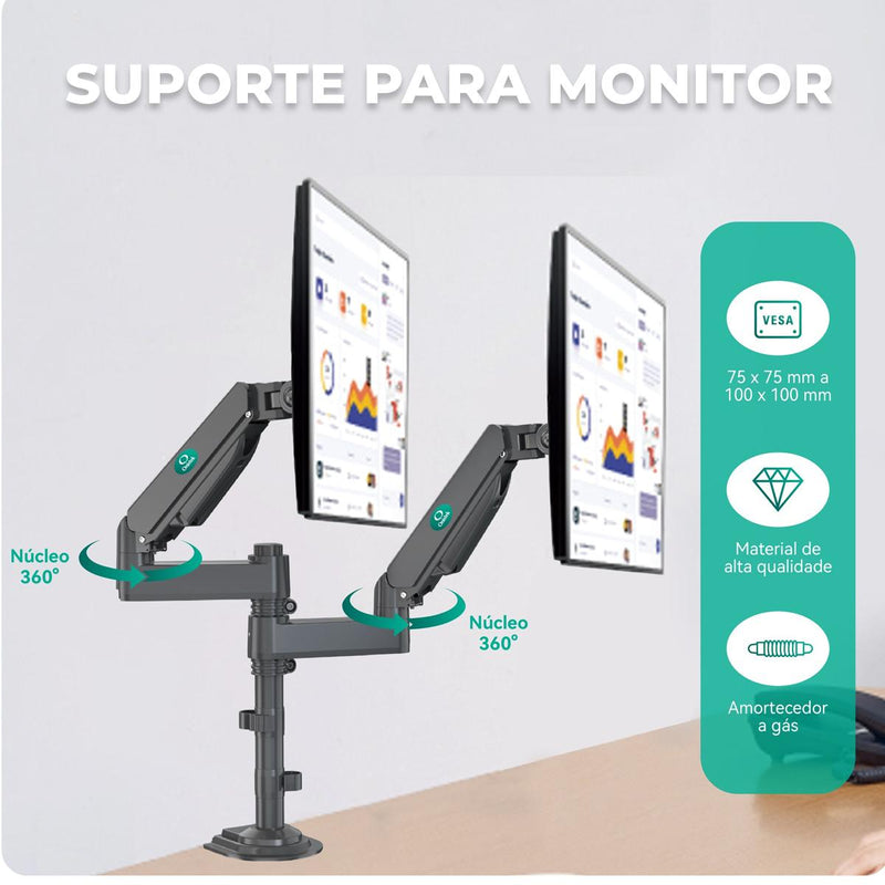 Suporte Duplo Articulado Para Monitores 17" a 27" Onistek Pistão a Gás e Ajuste Ergonômico - ON-F190