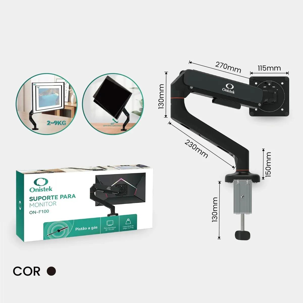 Suporte Monitor Articulado Pistão Gás 13-32" Onistek VESA Ajustável - ON-F100