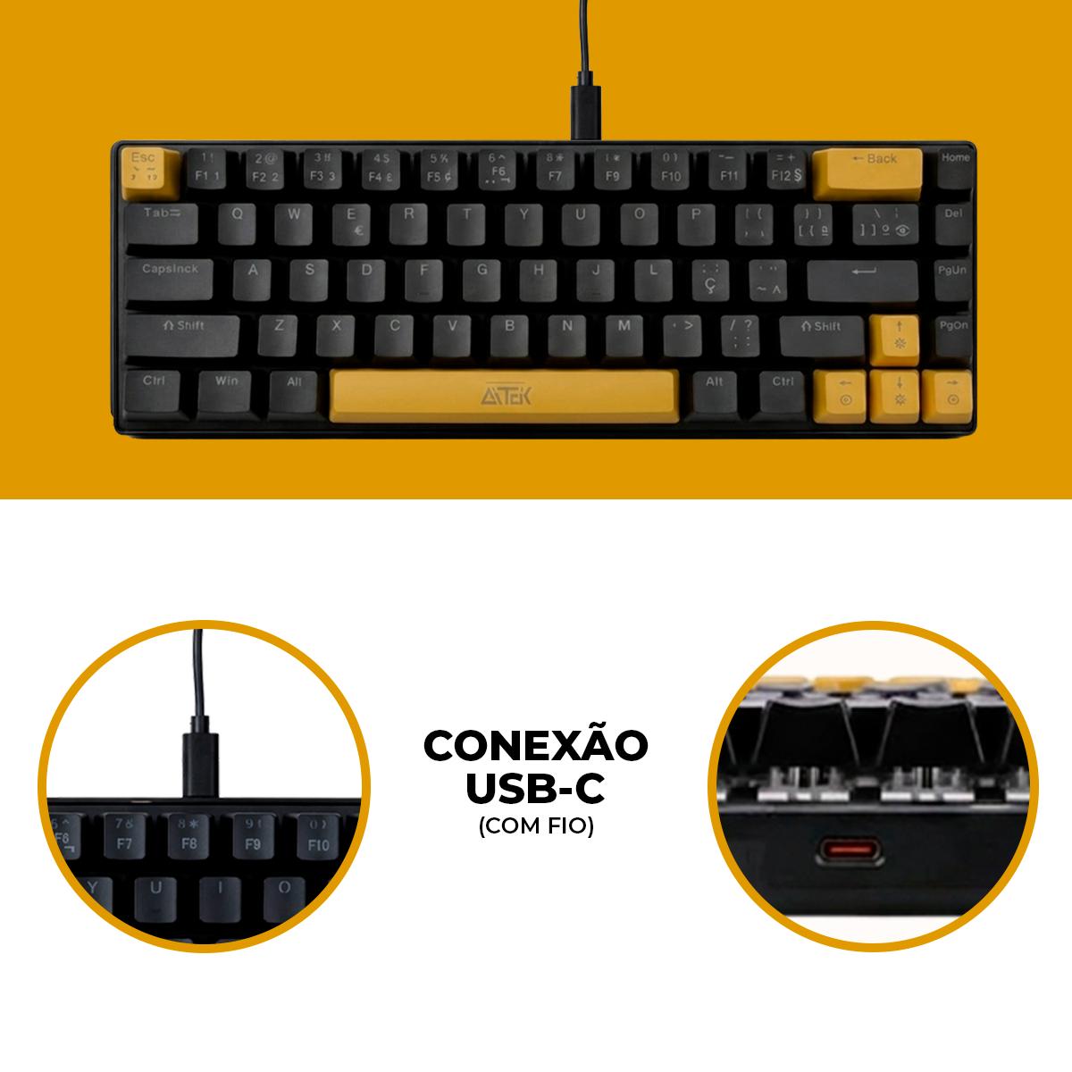 Teclado Gamer Compacto Mecânico RGB Silencioso Cabo Tipo-C Removível - ATE-M0691P-AM