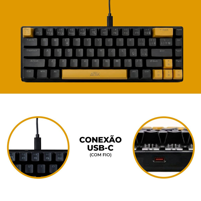 Teclado Gamer Compacto Mecânico RGB Silencioso Cabo Tipo-C Removível - ATE-M0691P-AM