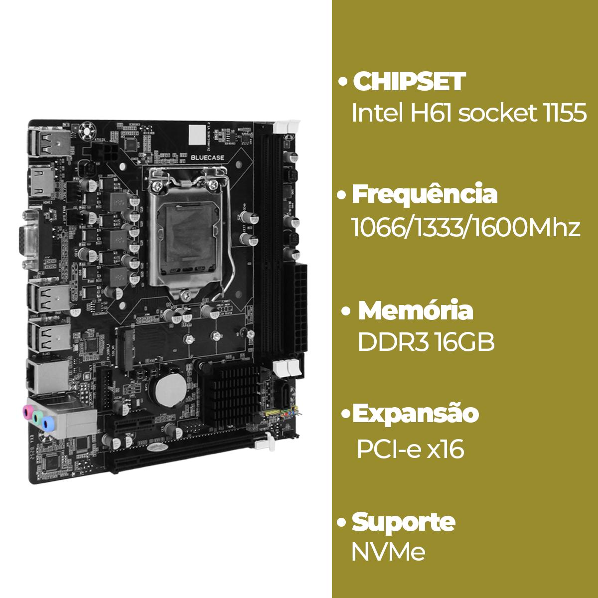 Placa Mãe Bluecase LGA1155 H61 DDR3 M.2 NVMe Alta Performance e Custo-Benefício - BMBH61-D2HG-M2