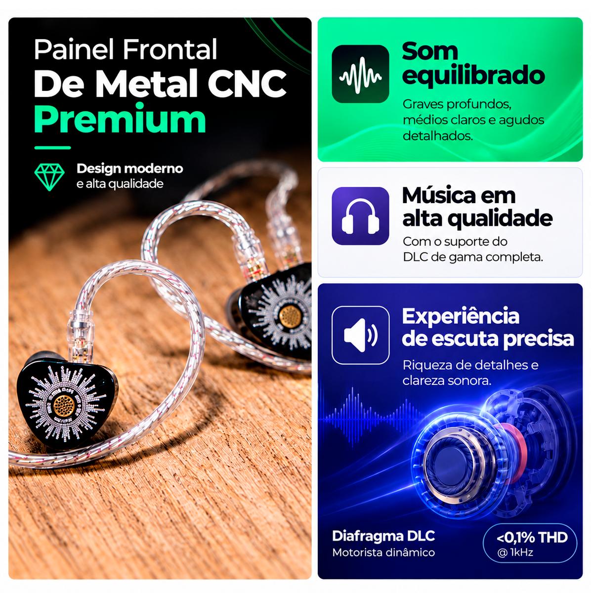 Fone In Ear Kiwi Chorus com Microfone e Driver Dinâmico de DLC para Som Hi-Fi