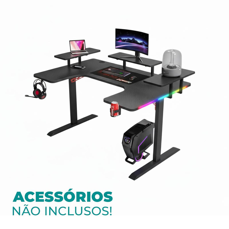 Mesa Gamer RGB Aitek Design Moderno Acabamento Fibra de Carbono e Suportes Integrados - DELTA-M1602H