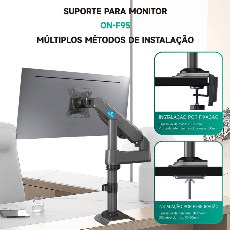 Suporte Articulado Ergonômico Para Monitor 17" a 30" Onistek Pistão a Gás Rotação e Ajuste de Altura - ON-F95