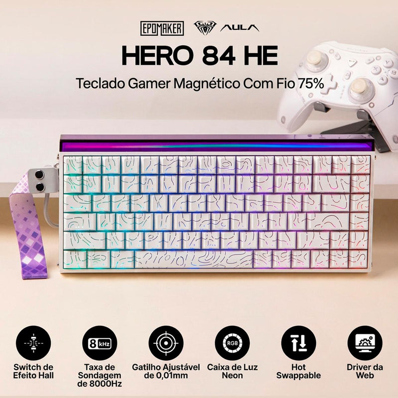Teclado Mecânico AULA Hero 84 HE 75% RGB Isolamento Acústico