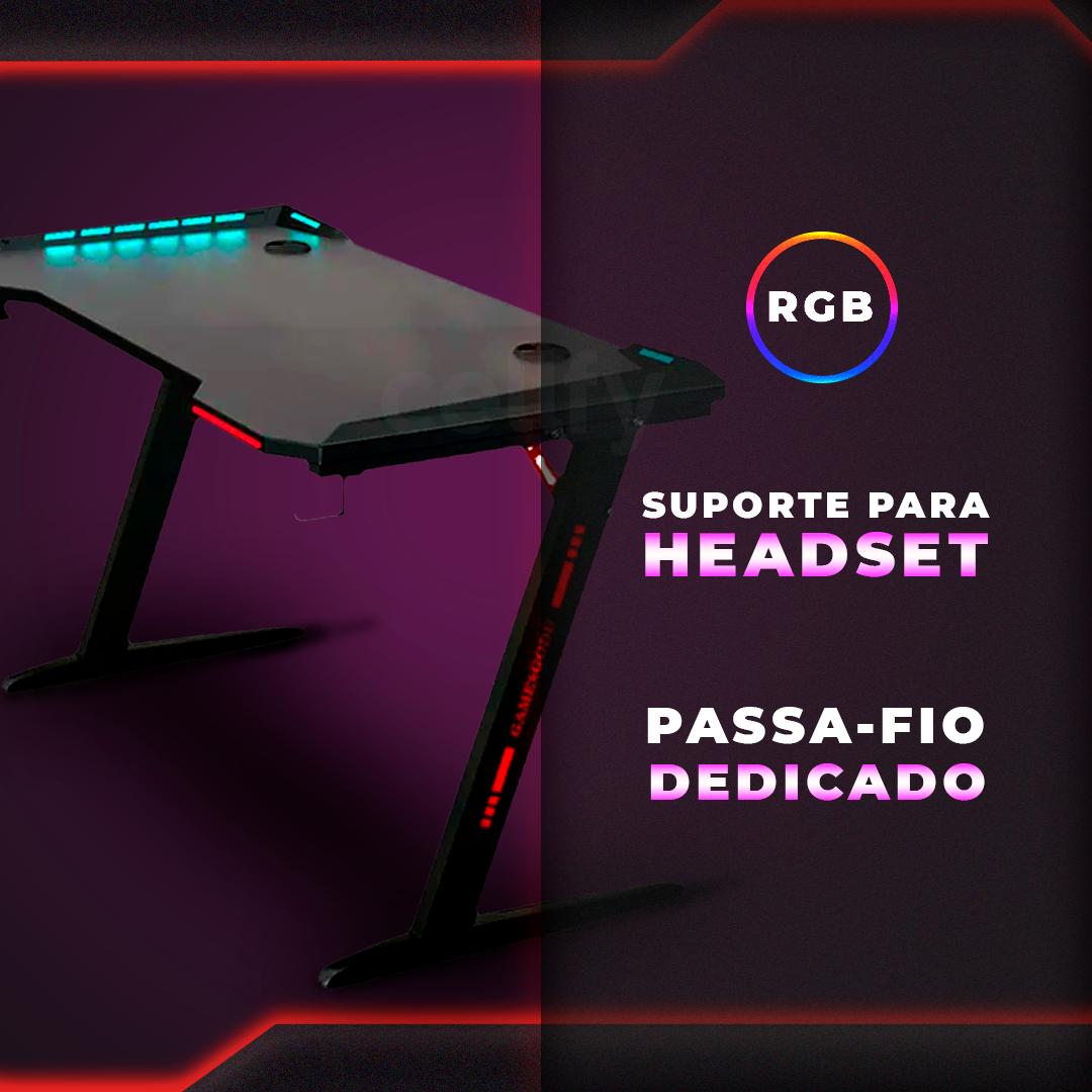 Mesa Gaming RGB 120cm Aitek com Porta Copos e Suporte Headset Escrivaninha - DELTA-M1204Z