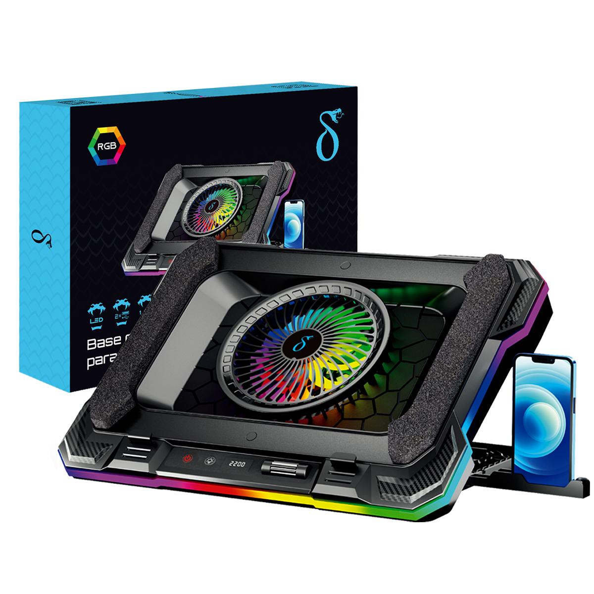 Base Cooler para Notebook RGB Aitek 7 Ângulos Ajustáveis com Suporte para Celular e Ventoinha 14cm - DELTA-B3112GG
