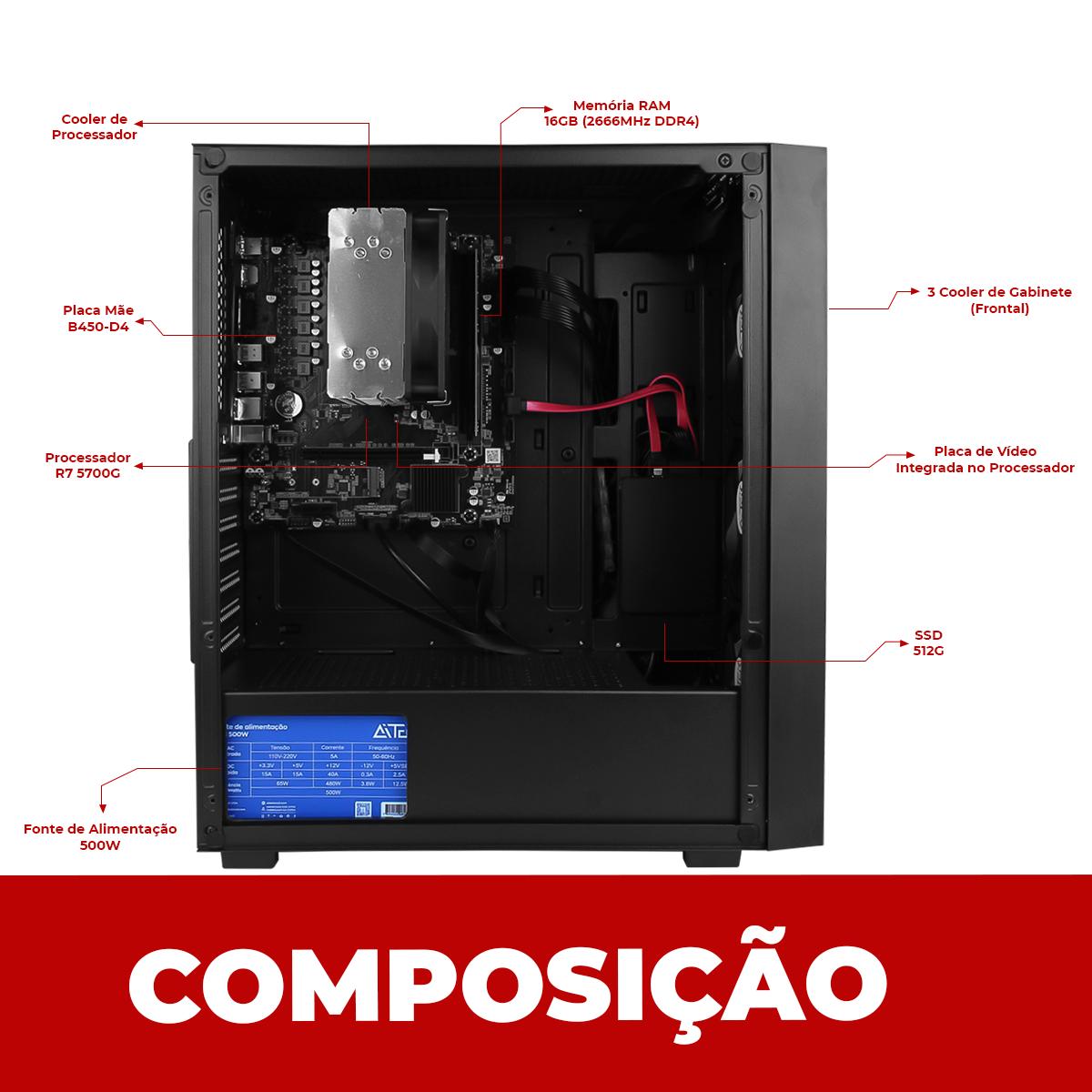 Computador Desktop AMD Ryzen Aitek 7 5700G 16GB DDR4 SSD 512GB Windows 11 Gamer Produtividade - DELTA-G57BB