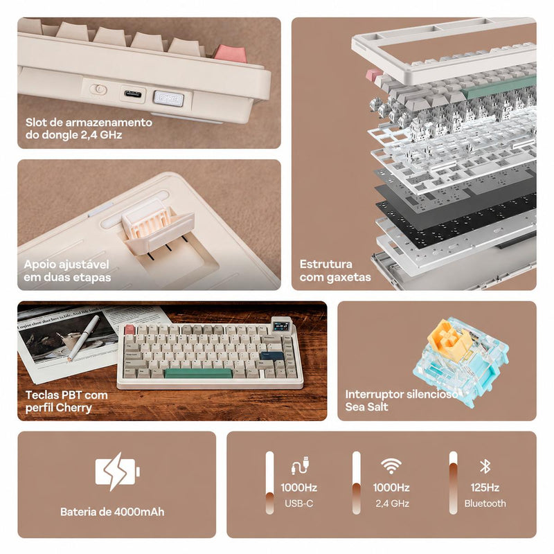 Teclado Gamer EPOMAKER RT82 Gasket Mount Silencioso Mini Tela Retrô