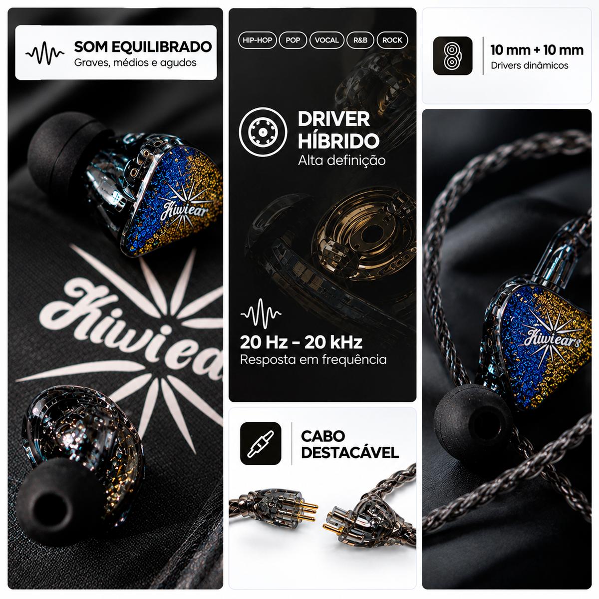 Fone In Ear Kiwi Forteza Preto com 2 Drivers de 10mm e Armadura Balanceada