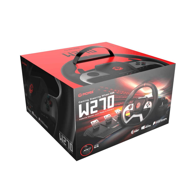 Kit Volante Gamer Pcyes W270 Force Feedback 3.2Nm + Pedal Embreagem, Acelerador e Freio