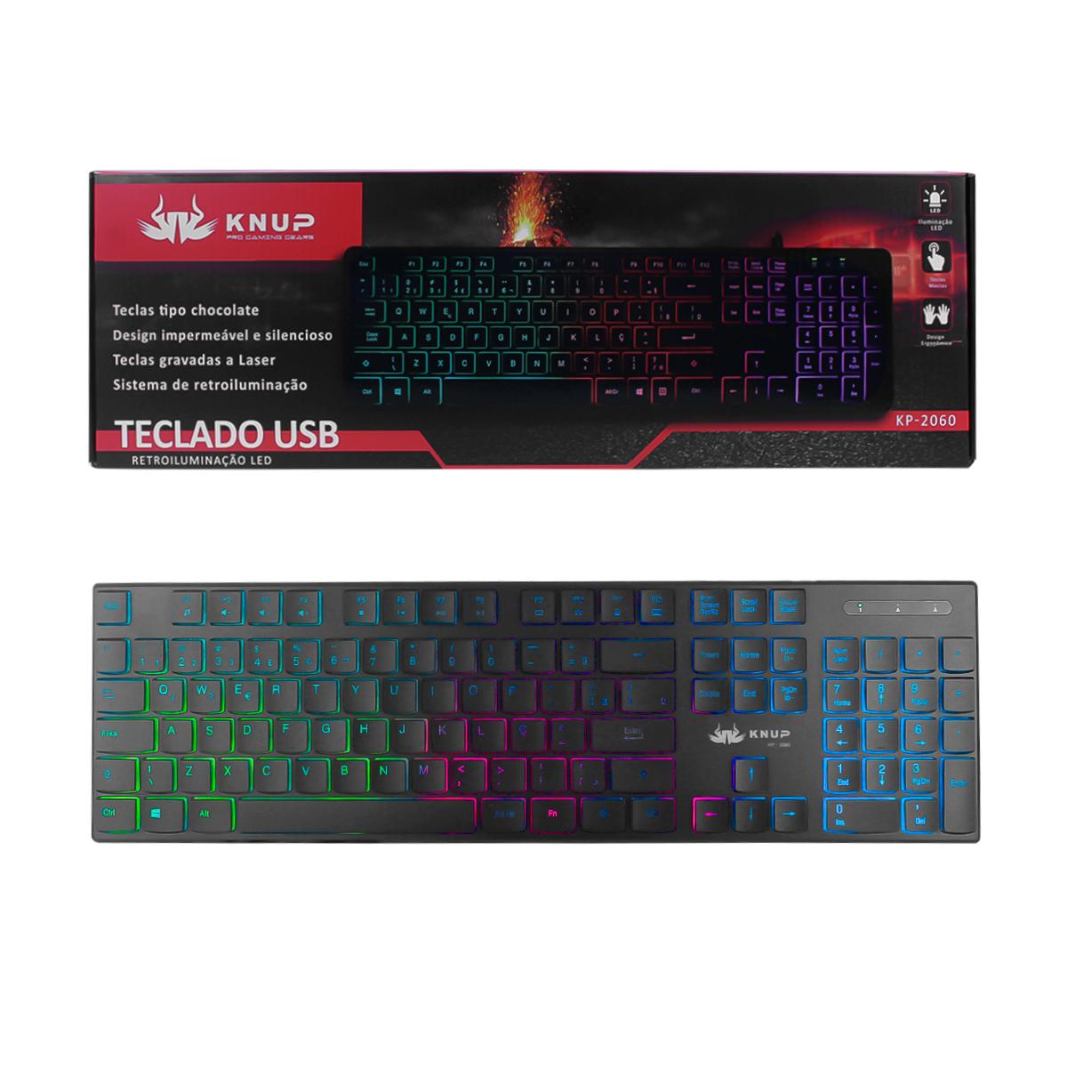 Teclado Gamer USB RGB Knup Silencioso Ergonômico - KP-2060