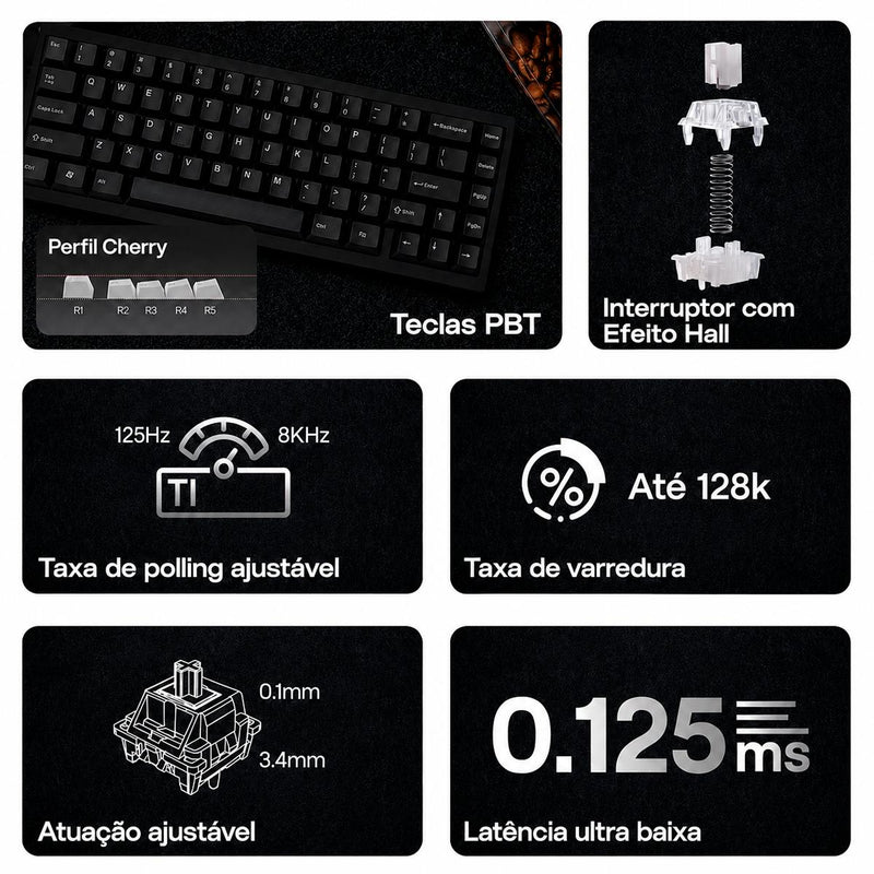 Teclado Gamer EPOMAKER HE68 Lite 65% Hall Effect Switch Magnético RGB Actuation 0,01mm
