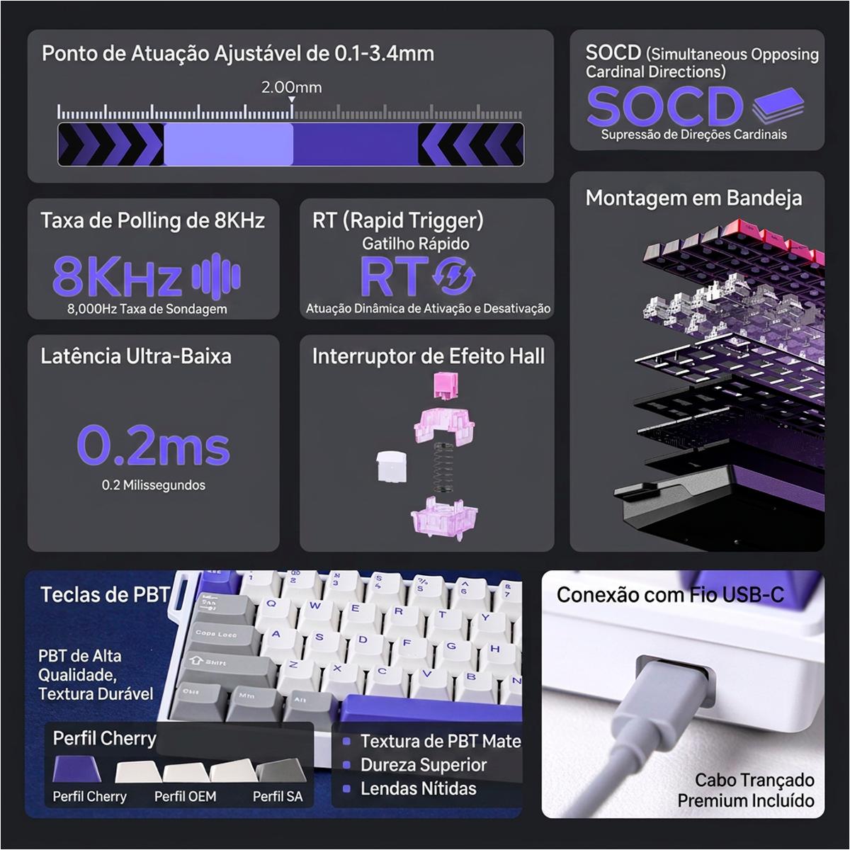 Teclado AULA Win68 HE Max Gamer USB RGB Hall Effect Precisão Profissional