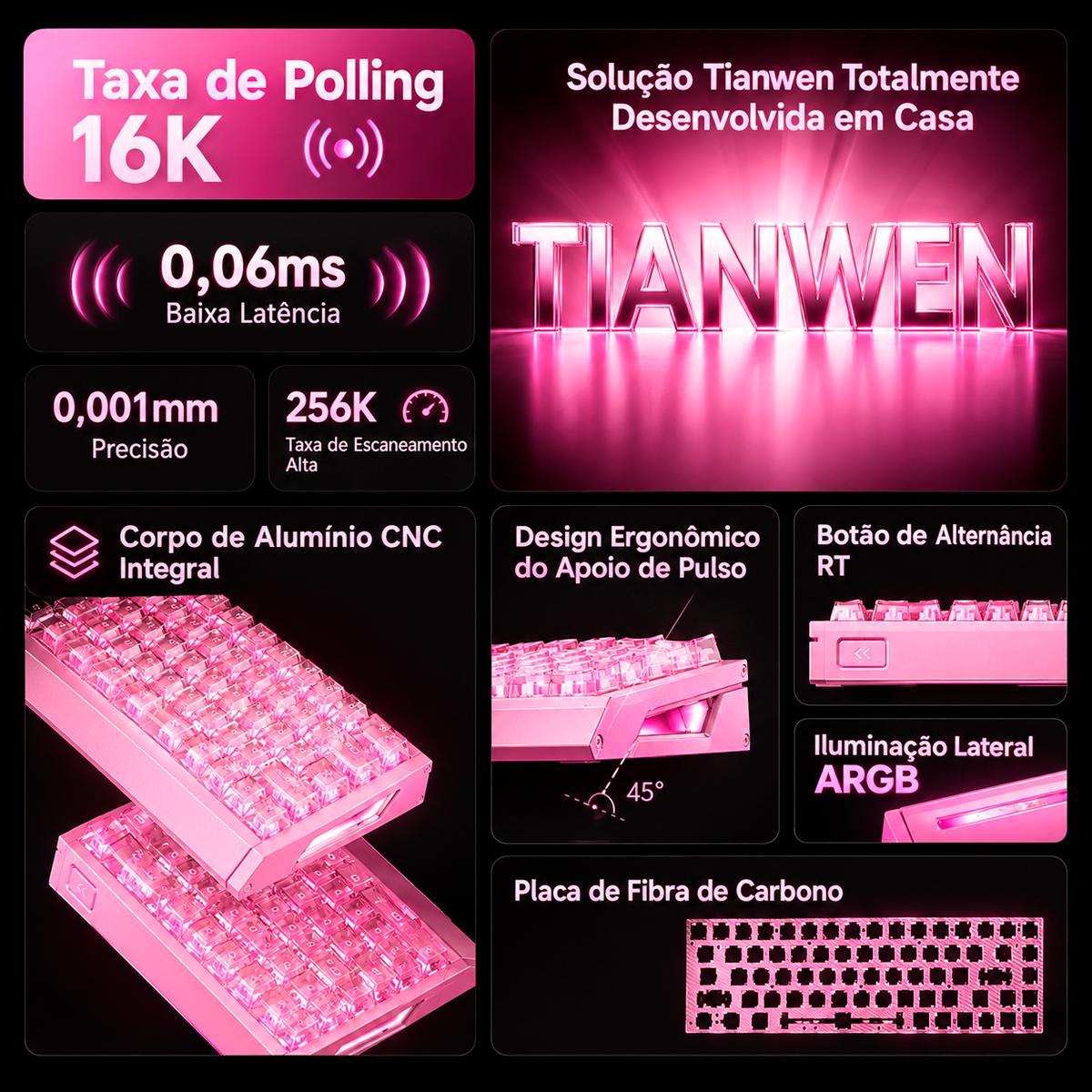 MCHOSE Ace 68 GT Crystal Pink Teclado Magnético Hall Effect 65% com Rapid Trigger
