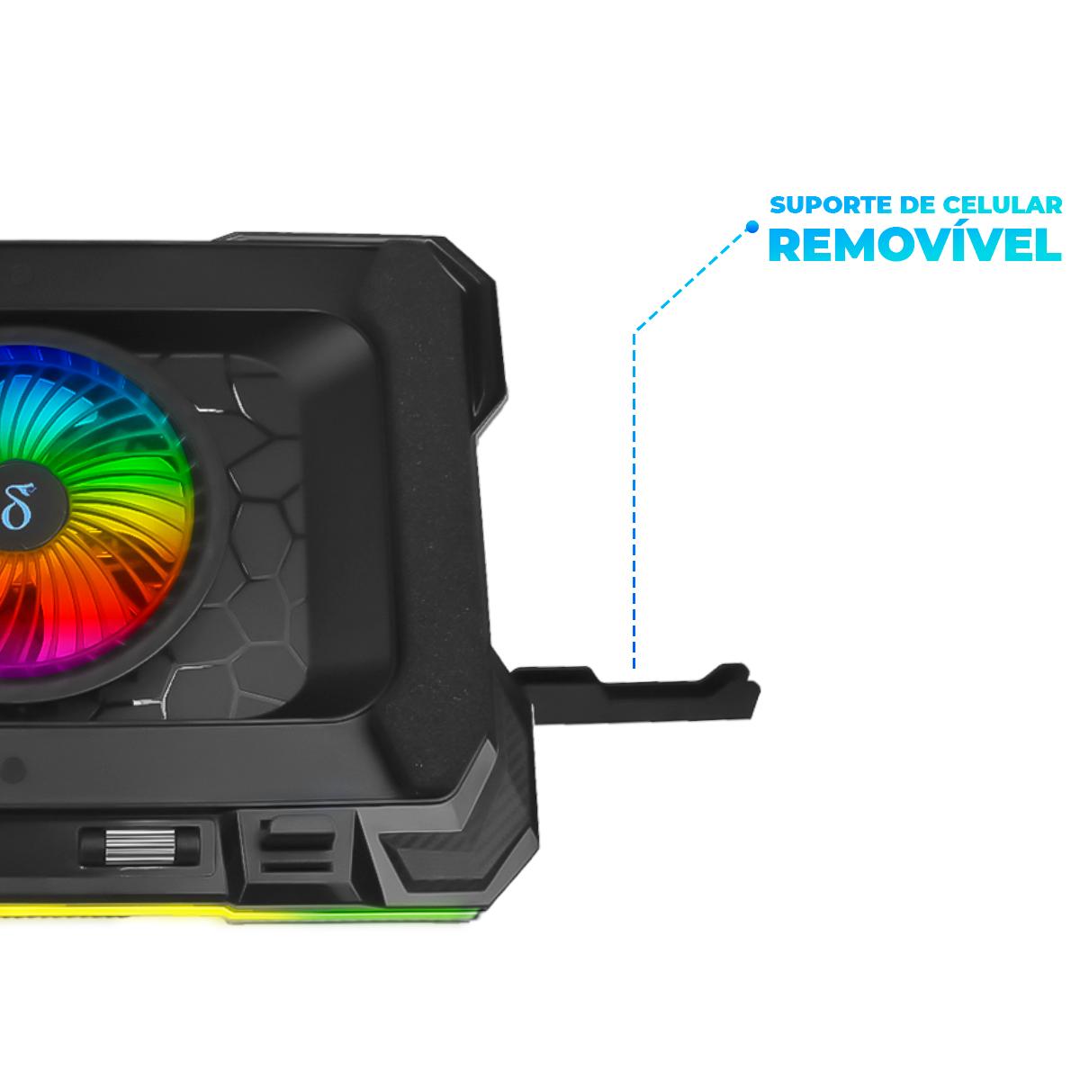Base Cooler para Notebook RGB Aitek 7 Ângulos Ajustáveis com Suporte para Celular e Ventoinha 14cm - DELTA-B3112GG