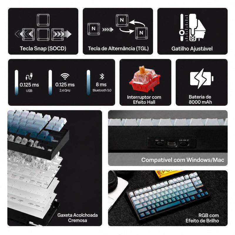 Teclado Gamer EPOMAKER W68 HE 8000Hz Layout  80% Hot Swap Hall Effect e RGB Premium