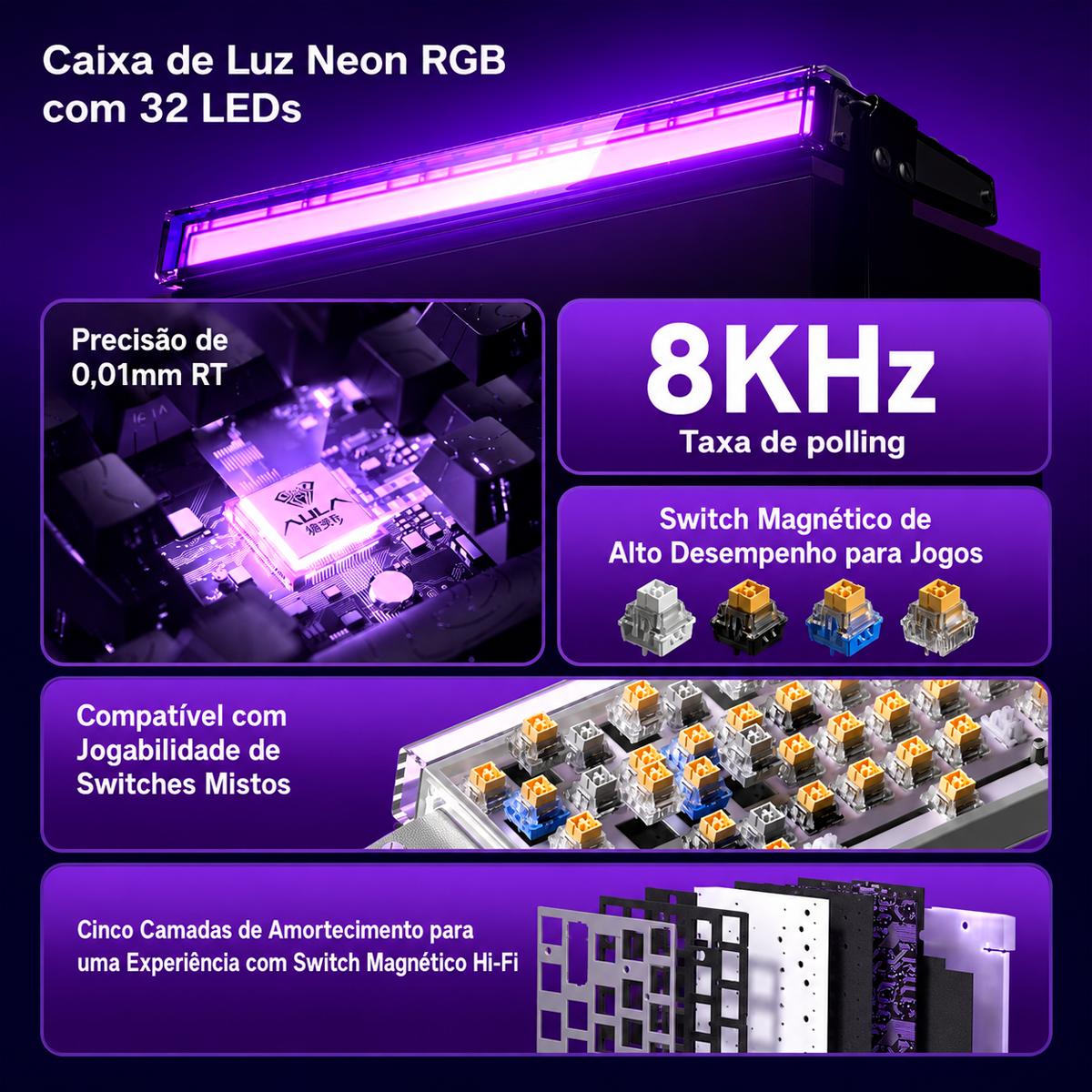 Teclado Gamer 65% AULA Hero68 HE Magnético com Polling 8000Hz e Snap Tap