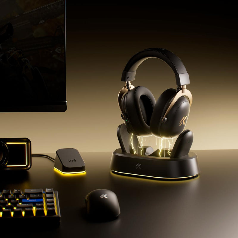 Headset Gamer Sem Fio 2.4GHz MCHOSE V9 Turbo Bluetooth 200h de Bateria Base Magnética RGB - HW-V9-10-BLACKGOLD
