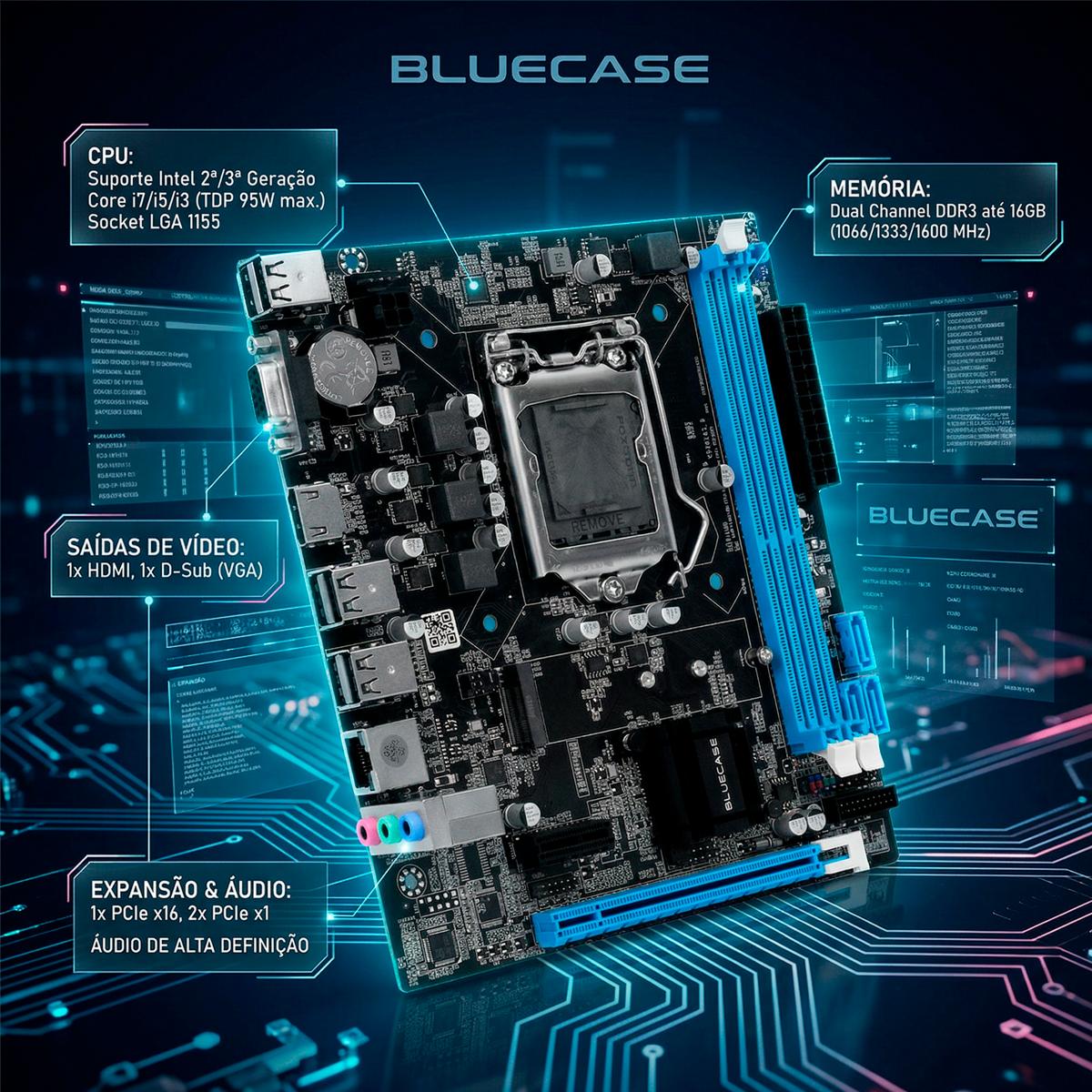 Placa Mãe Bluecase H61 LGA1155 DDR3 16GB M.2 NVMe HDMI VGA - BMBH61-G2HG-M2