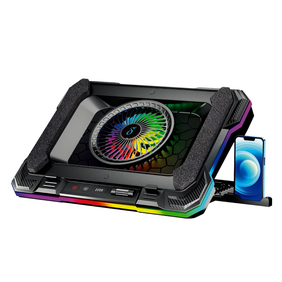 Base Cooler para Notebook RGB Aitek 7 Ângulos Ajustáveis com Suporte para Celular e Ventoinha 14cm - DELTA-B3112GG