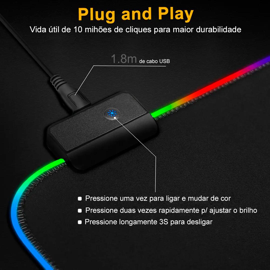 Mousepad Gamer LED RGB Aitek 80x30cm Antiderrapante USB Plug & Play - DELTA-P8030