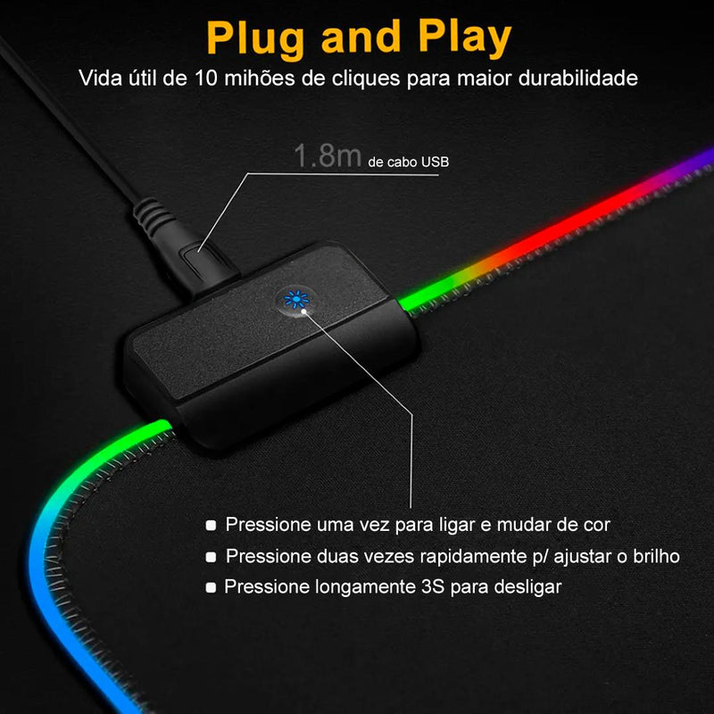 Mousepad Gamer LED RGB Aitek 80x30cm Antiderrapante USB Plug & Play - DELTA-P8030