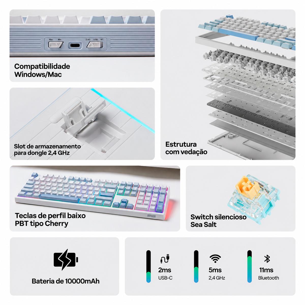 Teclado Gamer EPOMAKER TH108 Tri-Modo com RGB South-Facing