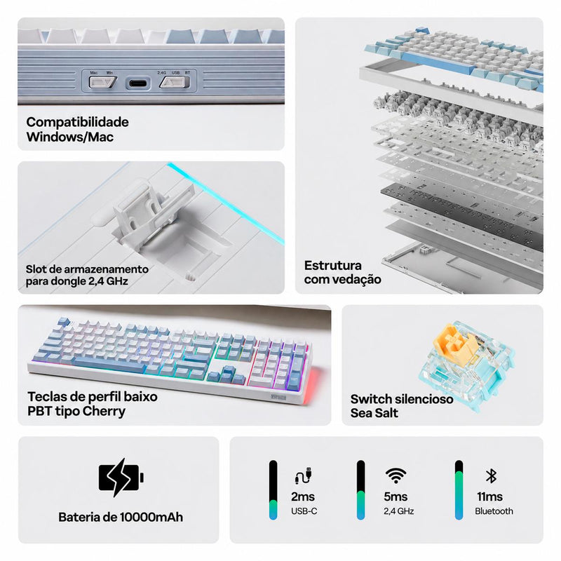 Teclado Gamer EPOMAKER TH108 Tri-Modo com RGB South-Facing