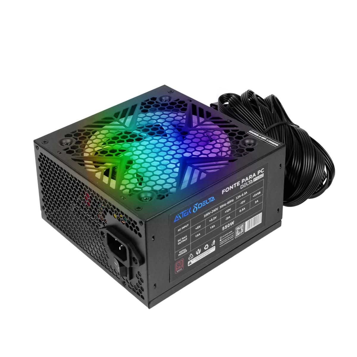 Fonte ATX 550W RGB Silenciosa Aitek Compatível Intel AMD com Cooler 120mm - DELTA-F550-P