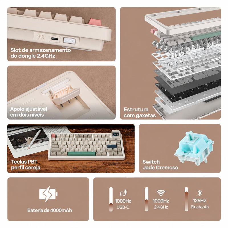 Teclado Mecânico Sem Fio 75% EPOMAKER RT82 Creamy Jade com Tela LCD Retrô
