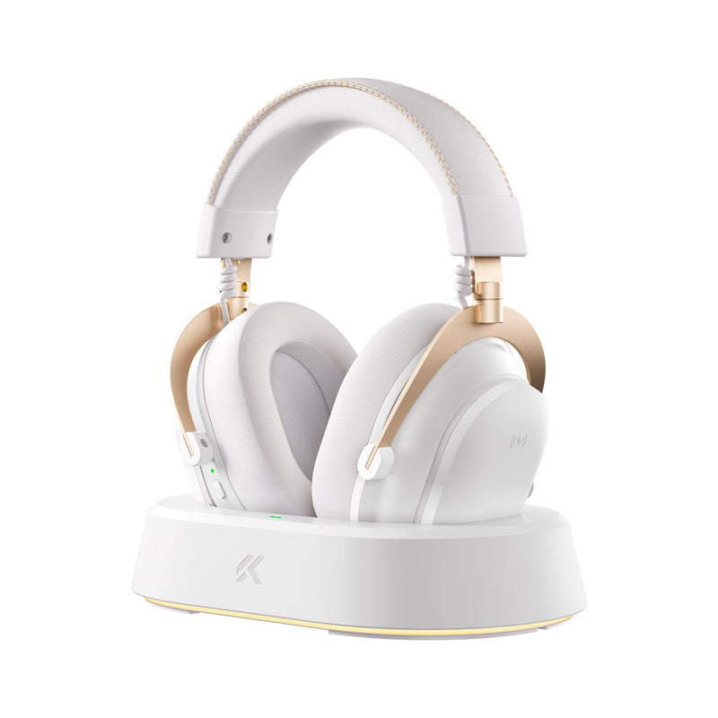 Headset Gamer Sem Fio 2.4GHz MCHOSE V9 Turbo White Gold Bluetooth 200h de Bateria Base Magnética RGB - HW-V9-13-WHITEGOLD