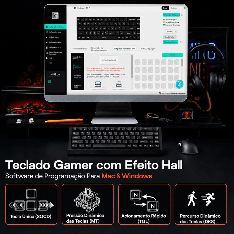 Teclado Gamer EPOMAKER HE68 Lite 65% Hall Effect Switch Magnético RGB Actuation 0,01mm