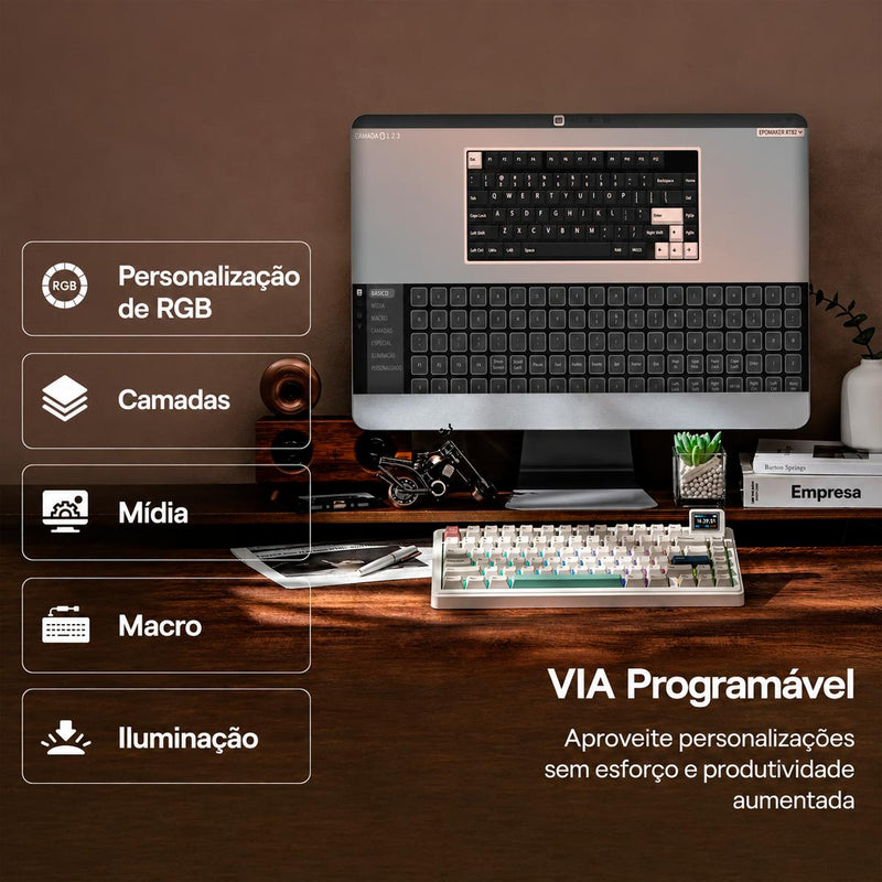 Teclado Gamer EPOMAKER RT82 Gasket Mount Silencioso Mini Tela Retrô